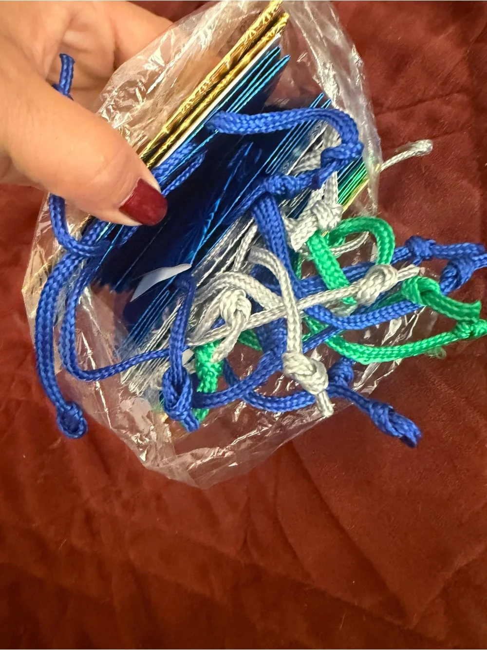 Embroidered Yellow Drawstring Pouch with Blue Cord